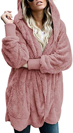 Dokotoo Womens Long Sleeve Solid Fuzzy Fleece Open Front Hooded Cardigans Jacket Coats Outwear with Pocket