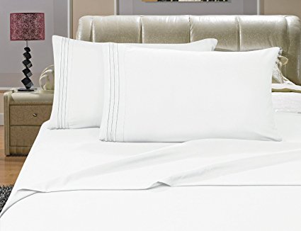 #1 Best Seller Luxury Bed Sheets Set on Amazon! Highest Quality - Elegance Linen® 1500 Thread Count Egyptian Quality WRINKLE RESISTANT 4-Piece Sheet set, King White