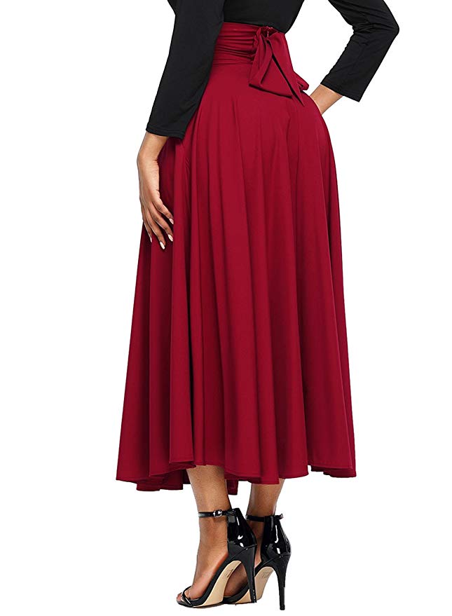 Asvivid Women's High Waist Pleated A Line Long Skirt Front Slit Belted Maxi Skirt S-XXL