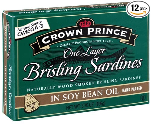 Crown Prince One Layer Brisling Sardines in Soy Bean Oil, 3.75-Ounce Cans (Pack of 12)