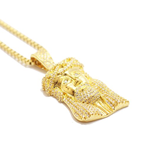 18k Gold Mini Jesus Piece Iced Out Pendant Chain Hiphop Necklace by Fellocoo