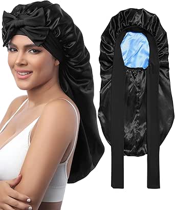 AWAYTR Long Satin Bonnet for Sleeping - Double Layer Reversible Silk Bonnet for Long Hair Women Sleeping Cap with Tie Band