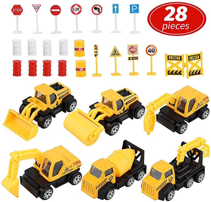 Toy Life Small Construction Toy Trucks | 28 Piece Sandbox Toy Set with 6X Die Cast Metal Construction Vehicles | Toy Bulldozer, Metal Dump Truck, Diecast Backhoe, Cement Mixer Toy Truck, Excavator Toy