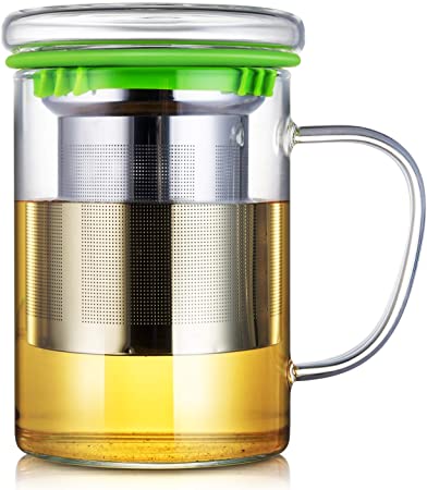 SULIVES Mug with Infuser and Lid - Glass Tea Cup with Stainless Steel Infuser Basket Green 400ml/13.5oz