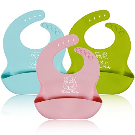 Lictin 3pcs Waterproof Silicone Baby Bibs Wide Food Crumb Catcher Pocket Unisex Bibs Quick Drying Comfortable Food Grade Material Bibs Bacteria Resistant for Infant Toddler Under 3 Years Old