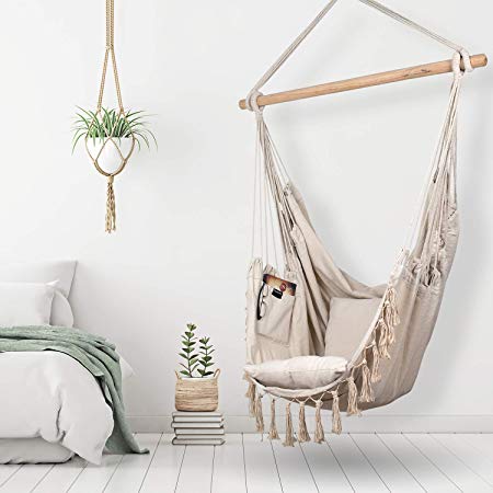 Komorebi Hammock Chair | Hanging Rope Swing Seat for Indoor & Outdoor | Soft & Durable Cotton Canvas | 2 Cushions Included | Large Reading Chair with Pocket for Bedroom, Patio, Porch (Ivory)