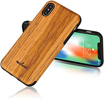 iPhone X Wood Case, NeWisdom Soft Wood Slim Cover [Qi Wireless Charging Support],Scratch Resistant Grip Ultra Light TPU Snap Back Cover with Rubber Corner for Apple iPhone X - Teakwood