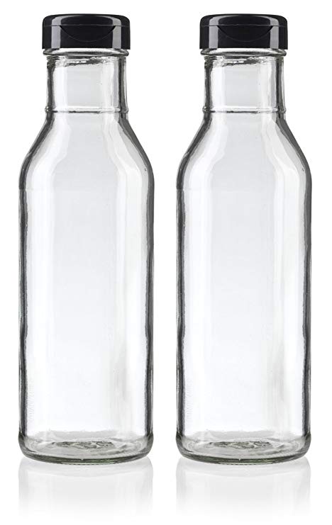 12 oz Professional Clear Glass Thick Wall Sauce Bottle with Drip Resistant Flip Top Cap (2 Pack)   Labels for BBQ Sauce, Salad Dressings, more
