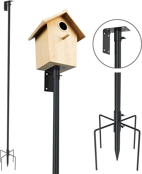 Bird Feeder Pole Mount Kit 80 Inch - Adjustable Hummingbird Feeding Bird House Pole Support Rod Universal Stand Set with 5 Prongs for Outdoor, Yard, Garden Decor, Black 1 Pack