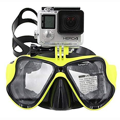 TELESIN Dive Scuba Diving Mask w/ Mount Compatible with Go Pro Hero 1, 2, 3, 3  and 4, Swimming Mask for Snorkel / Snorkeling Underwater (Yellow)