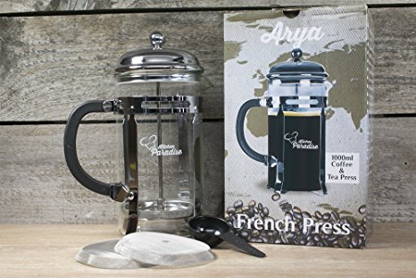 Arya - #1 French Press - Free Recipe E-BOOK - 8 cup/4 mug 34oz. Press for Coffee & Tea, Chrome Finish Frame and Lid, Stainless Steel Plunger & Filter, Heat Resistant Glass, 2 Extra Replacement Screens
