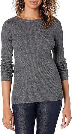 Amazon Essentials Women's Lightweight Ribbed Long-Sleeve Boat Neck Slim-Fit Sweater