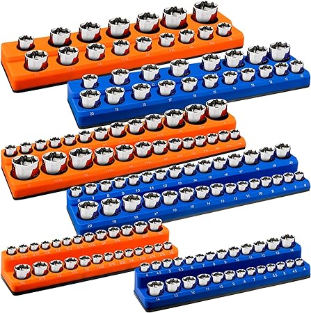 WILLBOND 6 Pieces Magnetic Socket Organizer Set Includes 1/4", 3/8", 1/2" for Toolboxes Socket Tray, Holds 143 Pieces Standard Size and Deep Size Sockets (Blue, Orange)