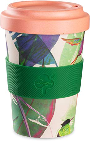 Be-Puro Bamboo Fibre Travelling Coffee Cup Eco Friendly Reusable long lasting Dishwasher safe Screw on lid Silicone Grip Travel Coffee Mug for Tea, Coffee, Hot beverages 18oz 550ml Hummingbird
