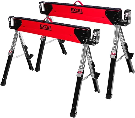 Excel Portable Steel Saw Horse Twin Pack - Heavy-Duty, Adjustable Legs, Built-in Work Table, Carry Handle, Non-Slip Rubber Feet - Versatile Sawhorse Solution, Saw Bench, Workbench