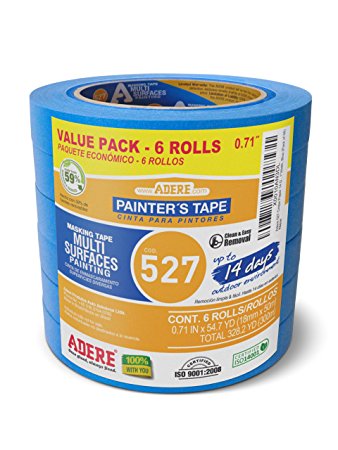 Adere 527 Crepe Paper 14 Day Easy Release Painters Masking Tape, 54.7 Yds Length X 0.71" Width, Blue (Pack of 6)