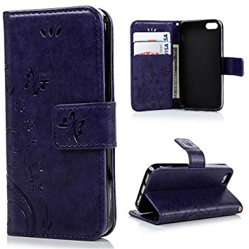 iPhone 5s SE Case,iphone 5 5s SE Wallet Case,LW-Shop for iPhone 5 5s SE PU Leather Case [Built-in Credit Card Slots] Magnetic Design Flip Folio Leather Cover Case with Flower Butterfly Pattern(Purple)
