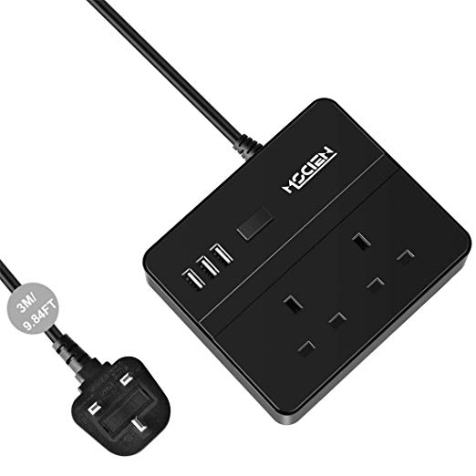 Mscien Extension Lead with USB Charger, 2 Way Outlets 3 USB Ports Power Strip Overload Surge Protection with Drawer Type Phone/Tablet Stand, Desktop Intelligent Charging Station - 3 Meter Cord （Black）