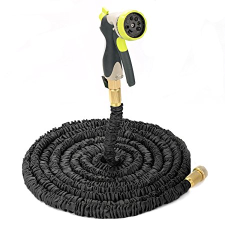 Evigreen 50FT Black Expandable Garden Hose Durable Latex Hose Pipe Strongest Fabric Cover Brass Connector with 8 Pattern Spray Nozzle