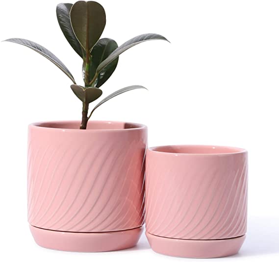 POTEY 053306 Ceramic Planter Pots - Glazed Modern Flower Planters Pot Indoor Bonsai Container with Drainage Holes & Saucer for Plants Aloe(Set of 2-5.1   4.2 Inch, Shiny Pink, Plants Not Included)