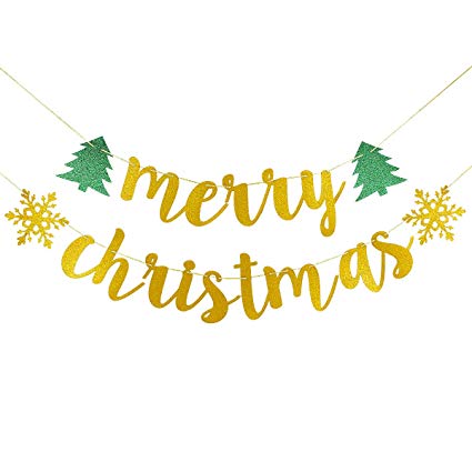 Gold Glittery Merry Christmas Banner-Christmas Party Holiday New Year Eve Party Home Decor