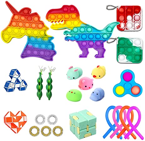 Jofan 24 Pack Sensory Fidget Toys Set Fidget Pack with Unicorn Dinosaur Pop Toy Mini Keychain Pop Sensory Toys for Kids Students Family Stress Relief