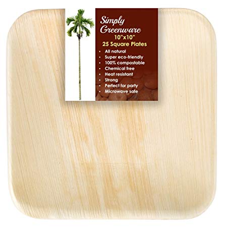 Simply Greenware Palm Leaf Plates 10 Inch | 25 Count | Sturdy & Premium Quality Square Plates | 100% Compostable Disposable & Better than Bamboo Plates | Dinner Lunch Steak Parties Picnics & Events !