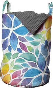 Ambesonne Colorful Laundry Bag, Blossoming Nature Rainbow Colored Foliage in Watercolor Style Spring Illustration, Hamper Basket with Handle Drawstring Closure for Laundromats, 13" x 19", Blue