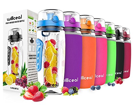 Fruit Infuser Water Bottle 32oz Willceal- Durable, Large - BPA Free Tritan, Flip Lid, Leak Proof Design - Sports, Camping