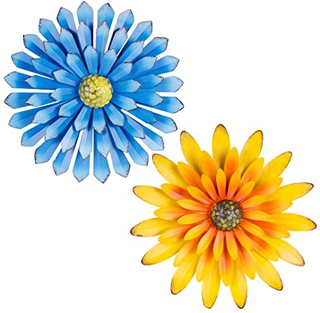 Metal Flower Wall Decor; 12” Yellow And Blue Rustic Flowers For Farmhouse Wall Decor; 3D Flower Wall Mount For Bathroom, Living Room, Bed Room, Garden - Indoor Outdoor Use; 2 PACK