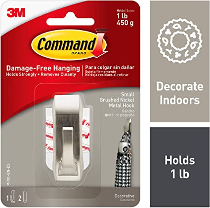 Command Small Metal Hook, Decorate Damage-Free, Holds 1 lb (MR01-BN-ES),Brushed Nickel