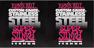 Ernie Ball Super Slinky Stainless Steel Electric Guitar Strings, 9-42 Gauge (P02248) (Pack of 2)