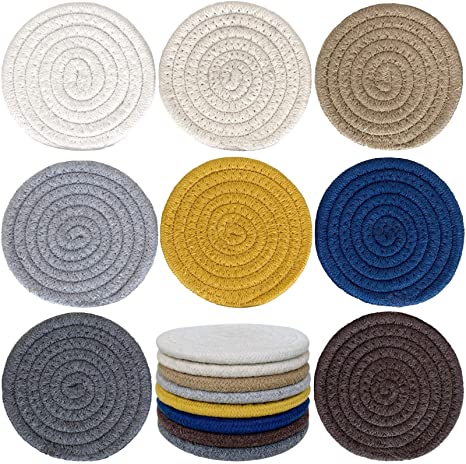 JOJEN 8pcs Cloth Coasters for Drinks - Handmade Braided Drink Coasters, Round Absorbent Heat Resistant Hot Pads Scald-proof Mats 4.3 inches