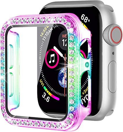 Moolia Bling Case Compatible with Apple Watch 40mm iWatch Series 6/5/4, iWatch SE 40mm Bling Crystal Diamond Face Cover with Built-in Tempered Glass Screen Protector for Women,Colorful