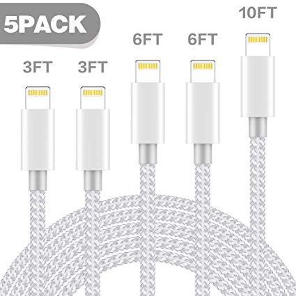 WSCSR MFi Certified iPhone Charger Lightning Cable 5 Pack [3/3/6/6/10FT] Extra Long Nylon Braided USB Charging & Syncing Cord Compatible iPhone Xs/Max/XR/X/8/8Plus/7/7Plus/6S/6S Plus/SE/iPad/Nan More