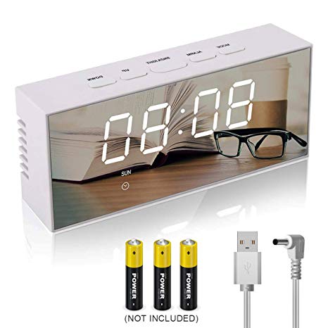 Lambony Digital Mirror Alarm Clock with Temperature Led Display Snooze Time Adjustable Brightness USB & Battery Powered for Bedroom, Office, White, 14.6 x 8.4 x 4.2 cm