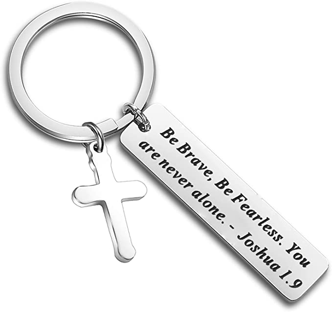 FEELMEM Christian Keychain Be Brave Be Fearless You Are Never Alone Joshua 1:9 Bible Verse Keychain Inspirational Cross Religious Gifts