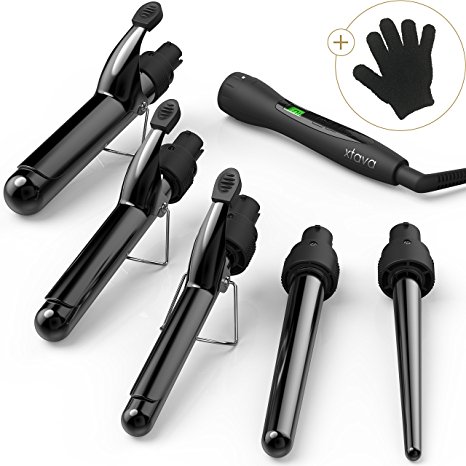 xtava Satin Wave 5 in 1 Curling Iron and Wand Set with Temperature Control - Professional Interchangeable Ceramic Tourmaline Barrels - Dual Voltage Glove & Travel Case - Best for Long or Short Hair