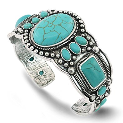 Jianxi Women Antique Rgentium Plated Base Heart Compressed Turquoise Bracelet Cuff Bangle Fashion Jewelry