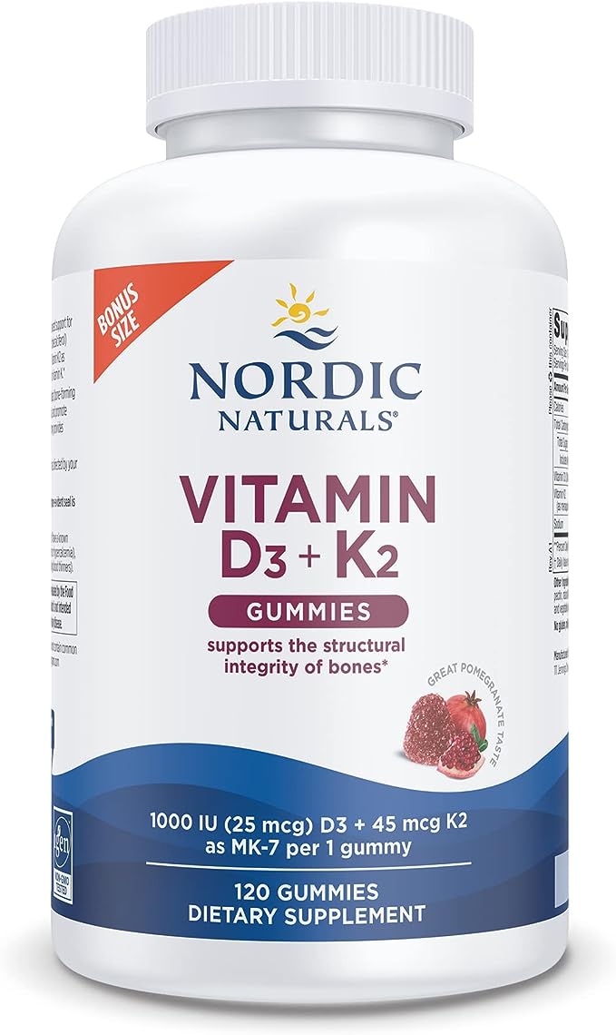 Nordic Naturals Vitamin D3   K2 Gummies, Pomegranate - 120 Gummies - 1000 IU Vitamin D3   45 mcg Vitamin K2 - Great Taste - Bone Health, Promotes Healthy Muscle Function - Non-GMO - 120 Servings