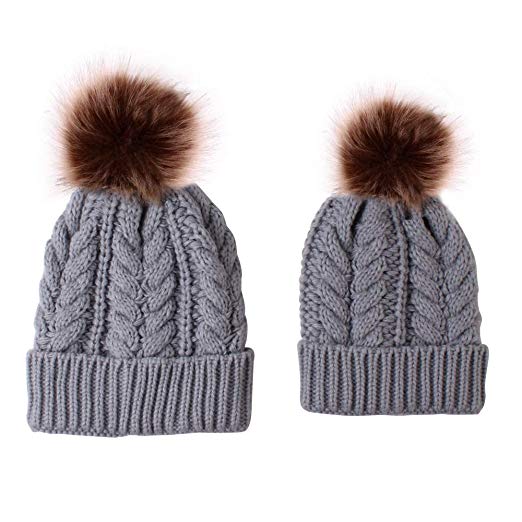 2PCS Mother-Baby Knit Warm Hat Winter Parent-Child Hat Crochet Beanie Ski Cap Faux Fur Pom Pom