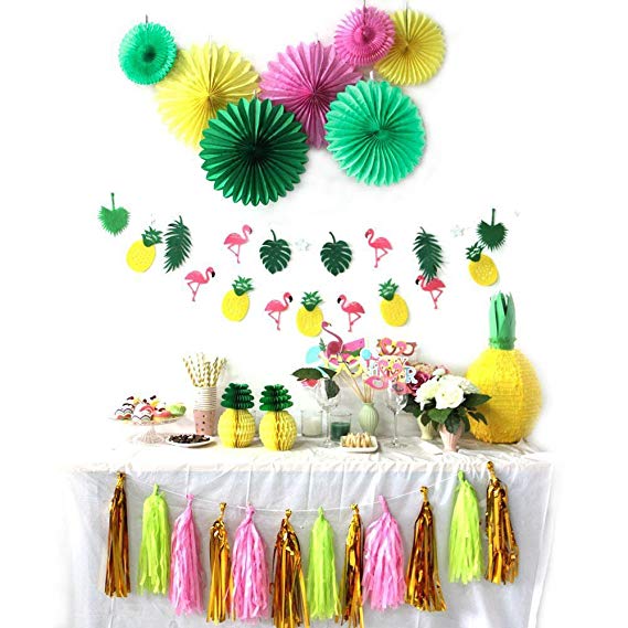 Summer Party Decoration Kit Paper Fans Tropical Party Flamingos and Pineapples Banners Tassel Garlands Hawaiian Luau Beach Supplies SUNBEAUTY 31 Piece