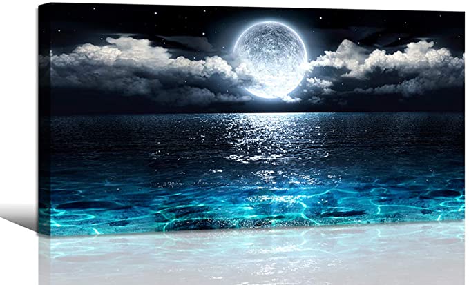 Wall Art Moon Sea Ocean Landscape Picture Canvas Wall Art Print Paintings Modern Artwork for Living Room Wall Decor and Home D?cor Framed Ready to Hang,2cm Thick Frame, Waterproof Artwork.