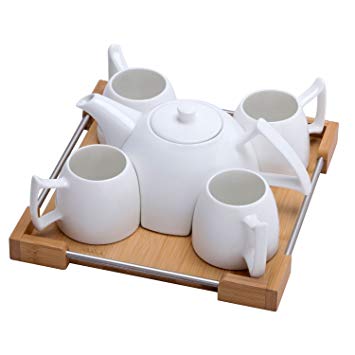 Porcelain Tea Set - Ceramic Teapot Coffee Cup Set for Drinking Tea,Latte,Espresso,or Water including White Tea Pot,4 Cups,Bamboo Serving Tray