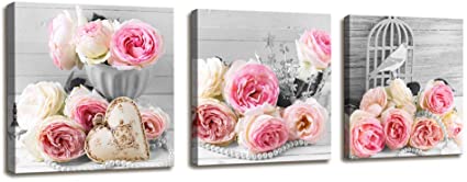 Wall Decor for Bedroom Red Rose Flowers Gray Book Canvas Wall Art Pictures Canvas Prints for Home Decorations Ready to Hang Set of 3 Panels
