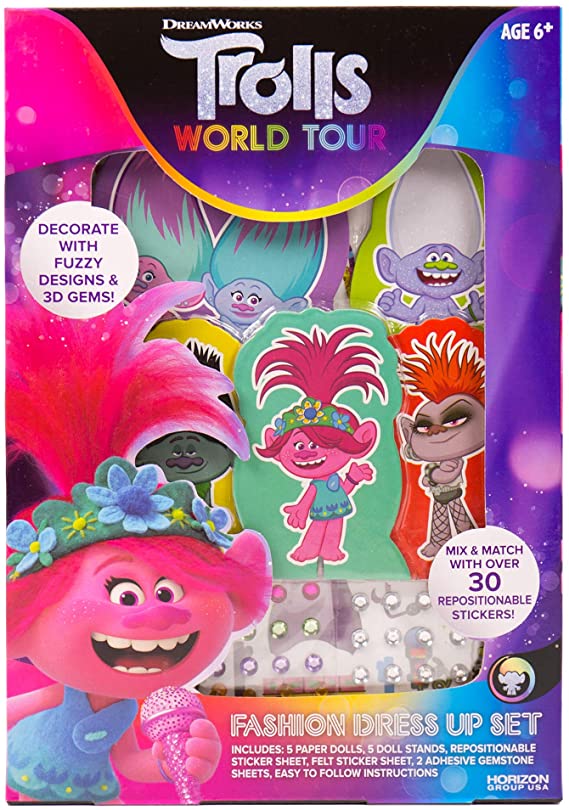 Trolls World Tour Fashion Dress Up Dolls Set by Horizon Group USA, Includes 5 Paper Dress-Up Dolls. Mix & Match Over 30 Repositionable Stickers. Decorate Using Gemstones & More