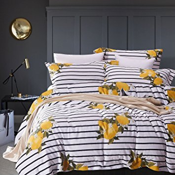 Striped Duvet Cover Set, 100% Cotton Bedding, Yellow Lemon Pattern with Black and White Stripes Printed (3pcs, Queen Size)