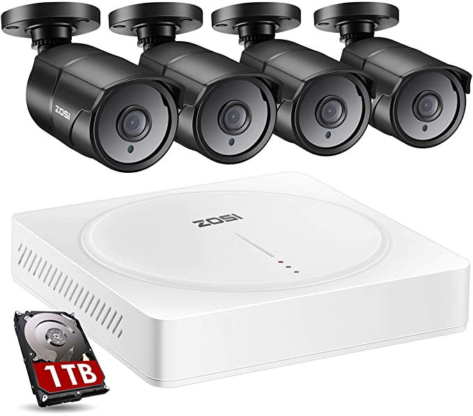 ZOSI H.265  1080p Home Security Camera System with Audio, 5MP-Lite CCTV DVR 8 Channel with Hard Drive 1TB and 4 x 2MP Surveillance Camera Outdoor Indoor, 150ft Night Vision, Video & Audio Recording