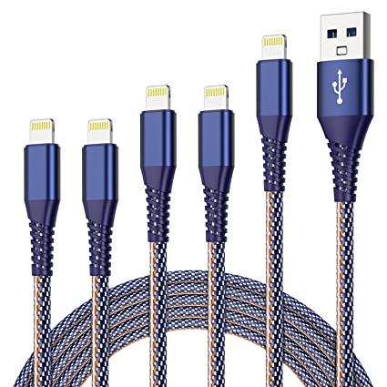 iPhone Charger, Lightning Cable MFi Certified 5Pack-3/3/6/6/10FT Nylon Denim Braided Fast Charging Data Sync Cord Compatible with iPhone 12/11/Pro/Xs Max/X/8/7/Plus/6S/6/SE/5S