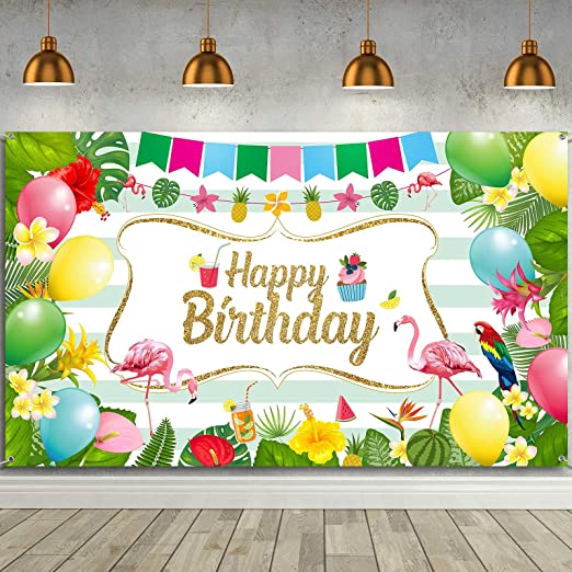 Summer Hawaiian Birthday Party Backdrop Flamingo Tropical Flowers Photography Background Hawaiian Luau Beach Backdrop for Birthday Party Decoration Supply Photo Backdrop 72.8 x 43.3 Inches